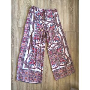 Angie Floral Rayon Pants Wide Leg Drawstring Pull On Size L